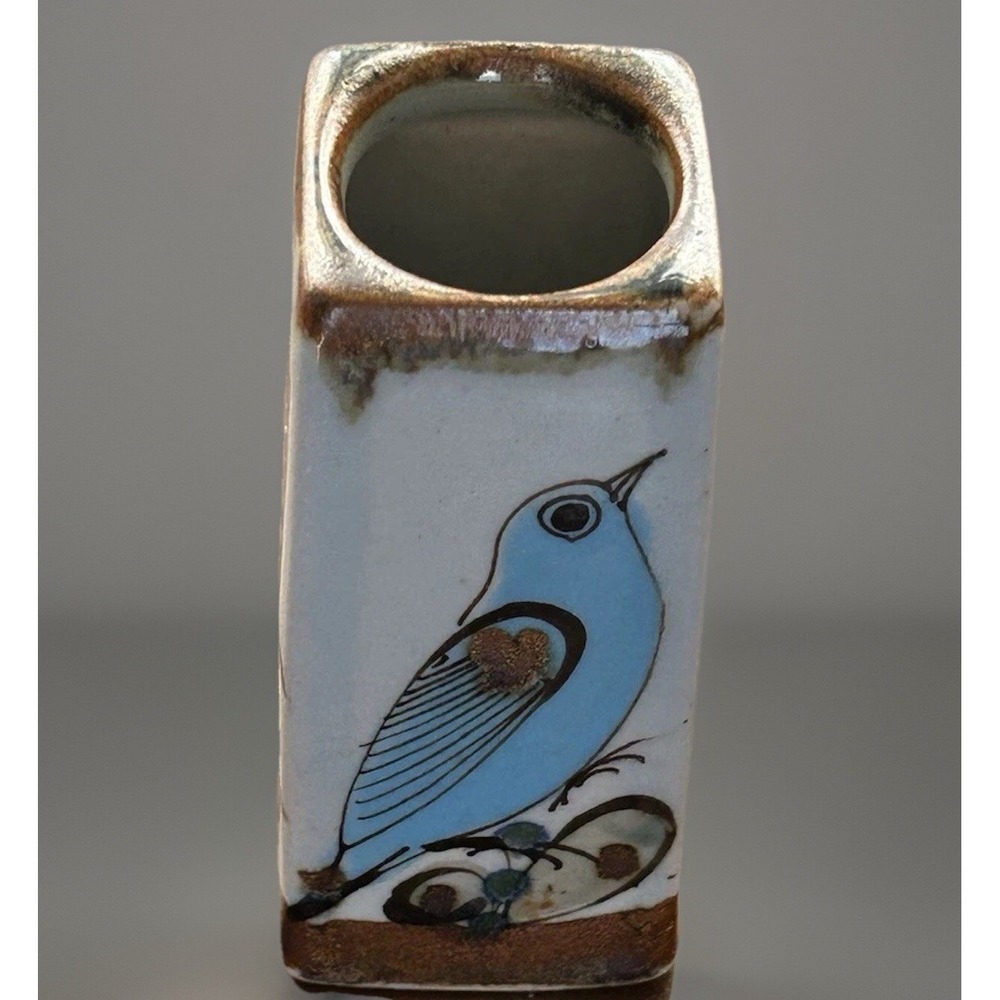 Hand Painted Ceramic Bud Vase Blue Bird Floral Design Square Tonala Sign-KE MEX